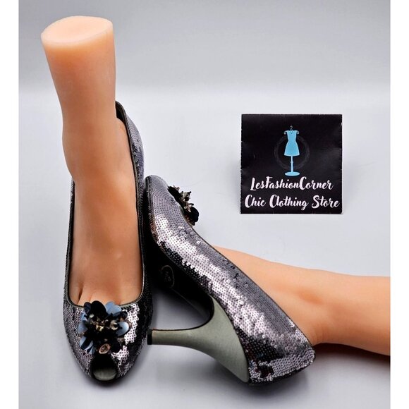 Prada Women's Silver Sequin Embellished High Heel Pumps Peep Toe Sz 9 (39.5) 374 - Picture 13 of 16